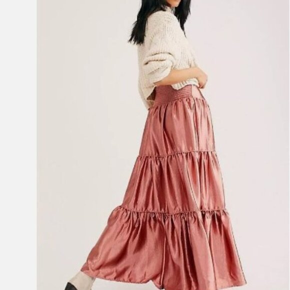 Free People XS Metallic Rose Moonbeam Tiered Maxi Skirt Satin Finish - Picture 2 of 8